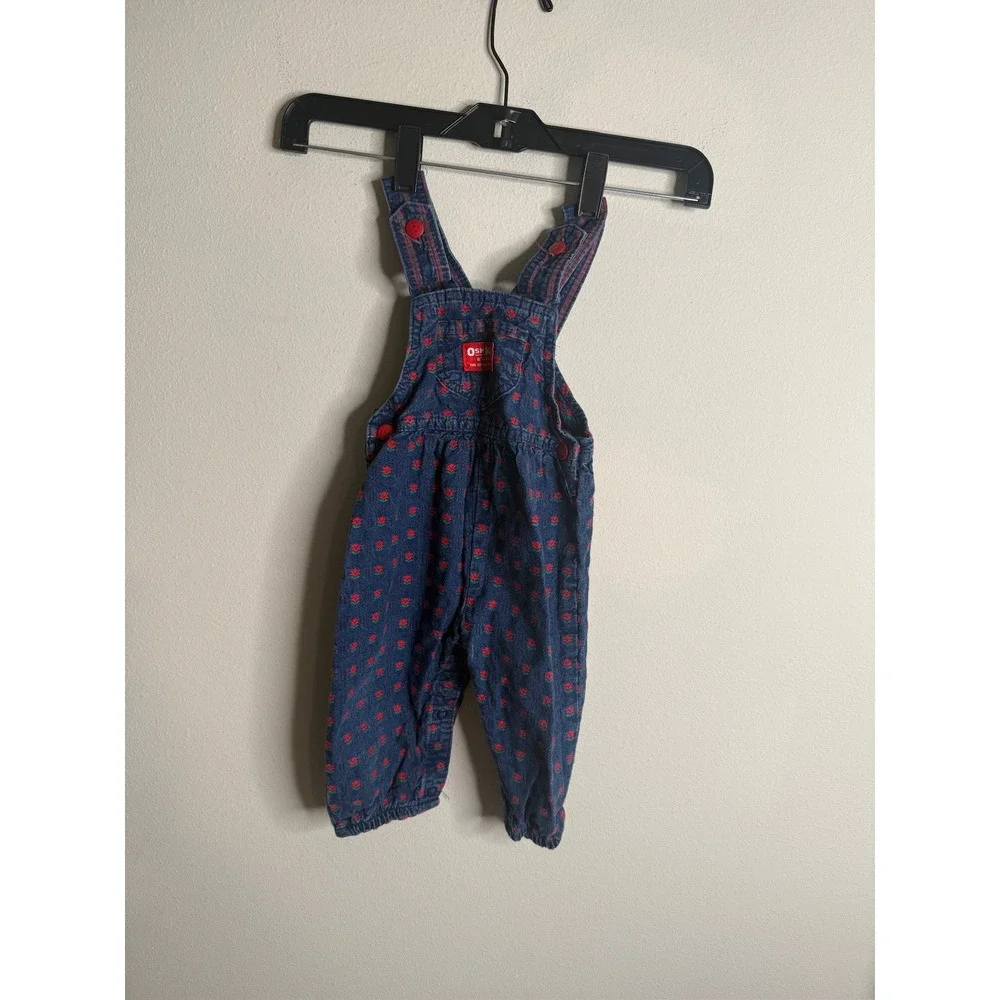 OshKosh B'Gosh Girls 18M Blue Red Vintage Floral‎ Denim Overalls Retro Casual